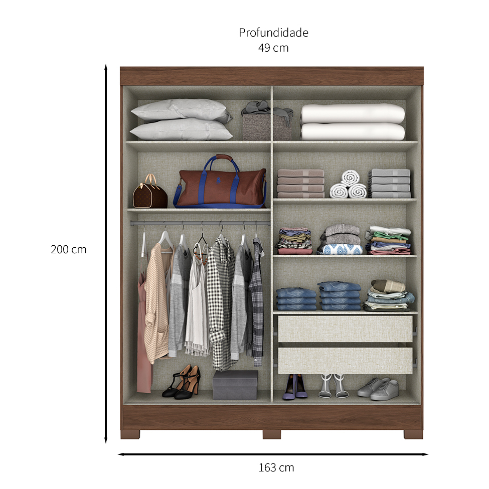 Guarda-Roupa Casal com Espelho Amsterdã 2 Portas 2 Gavetas Castanho e Off White