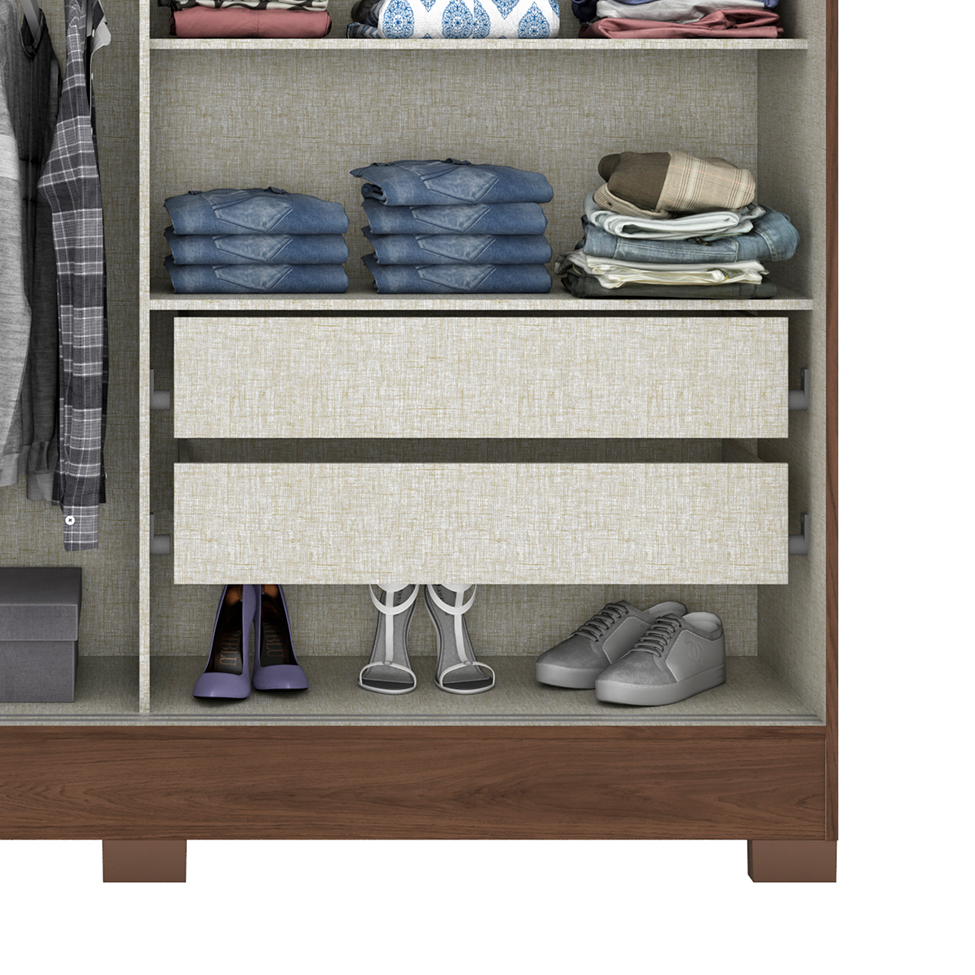 Guarda-Roupa Casal com Espelho Amsterdã 2 Portas 2 Gavetas Castanho e Off White