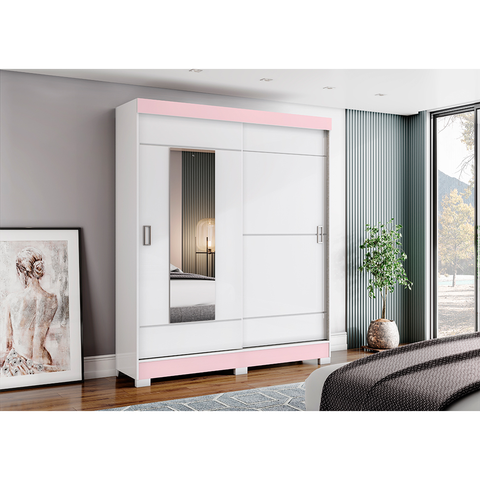 Guarda-Roupa Casal com Espelho Amsterdã Flex 2 Portas 2 Gavetas Branco e Rosa Chá