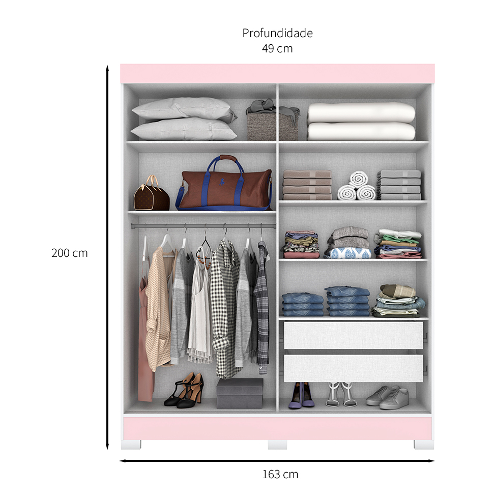 Guarda-Roupa Casal com Espelho Amsterdã Flex 2 Portas 2 Gavetas Branco e Rosa Chá