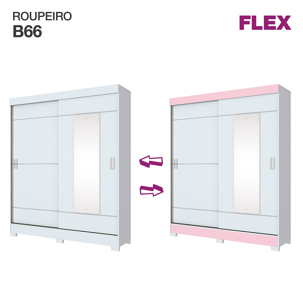 Guarda-Roupa Casal com Espelho Amsterdã Flex 2 Portas 2 Gavetas Branco e Rosa Chá