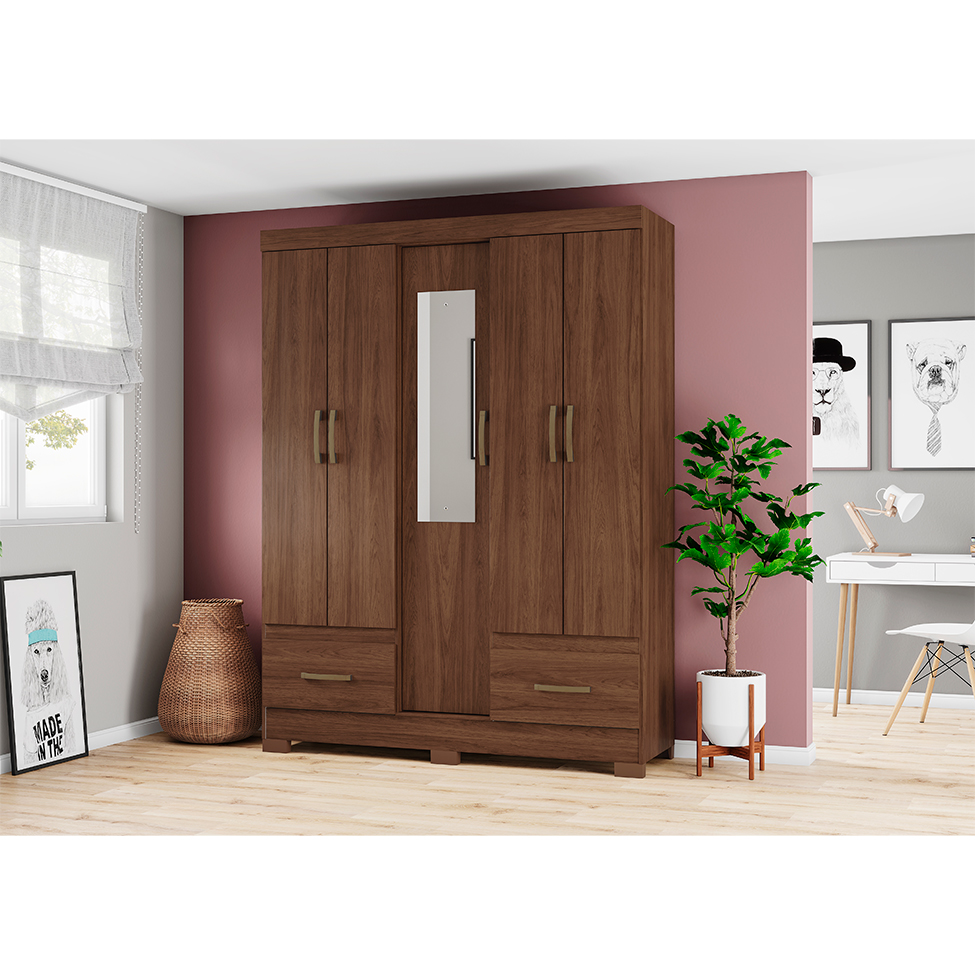 Guarda-Roupa Casal com Espelho Chale 5 Portas 2 Gavetas Castanho