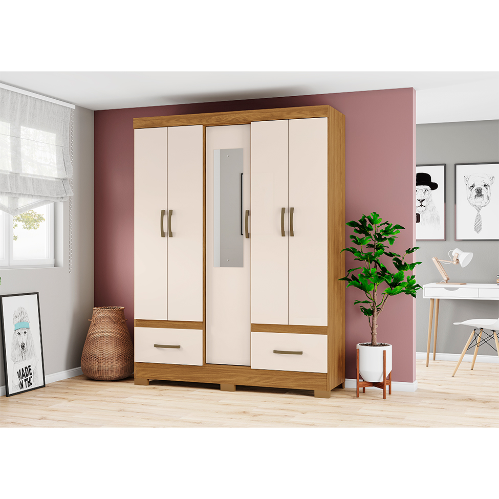 Guarda-Roupa Casal com Espelho Chale 5 Portas 2 Gavetas Nature e Off White