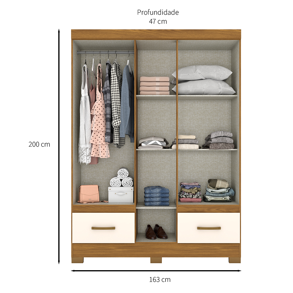 Guarda-Roupa Casal com Espelho Chale 5 Portas 2 Gavetas Nature e Off White
