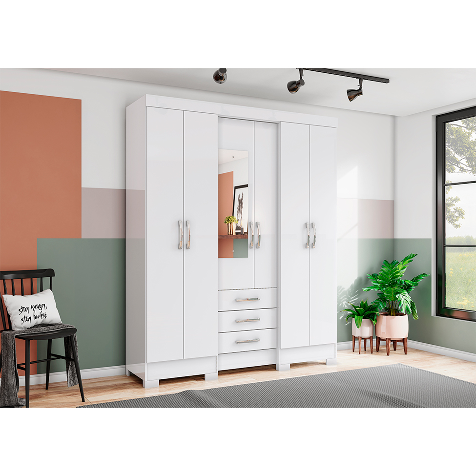 Guarda-Roupa Casal com Espelho Mentor 6 Portas 3 Gavetas Branco