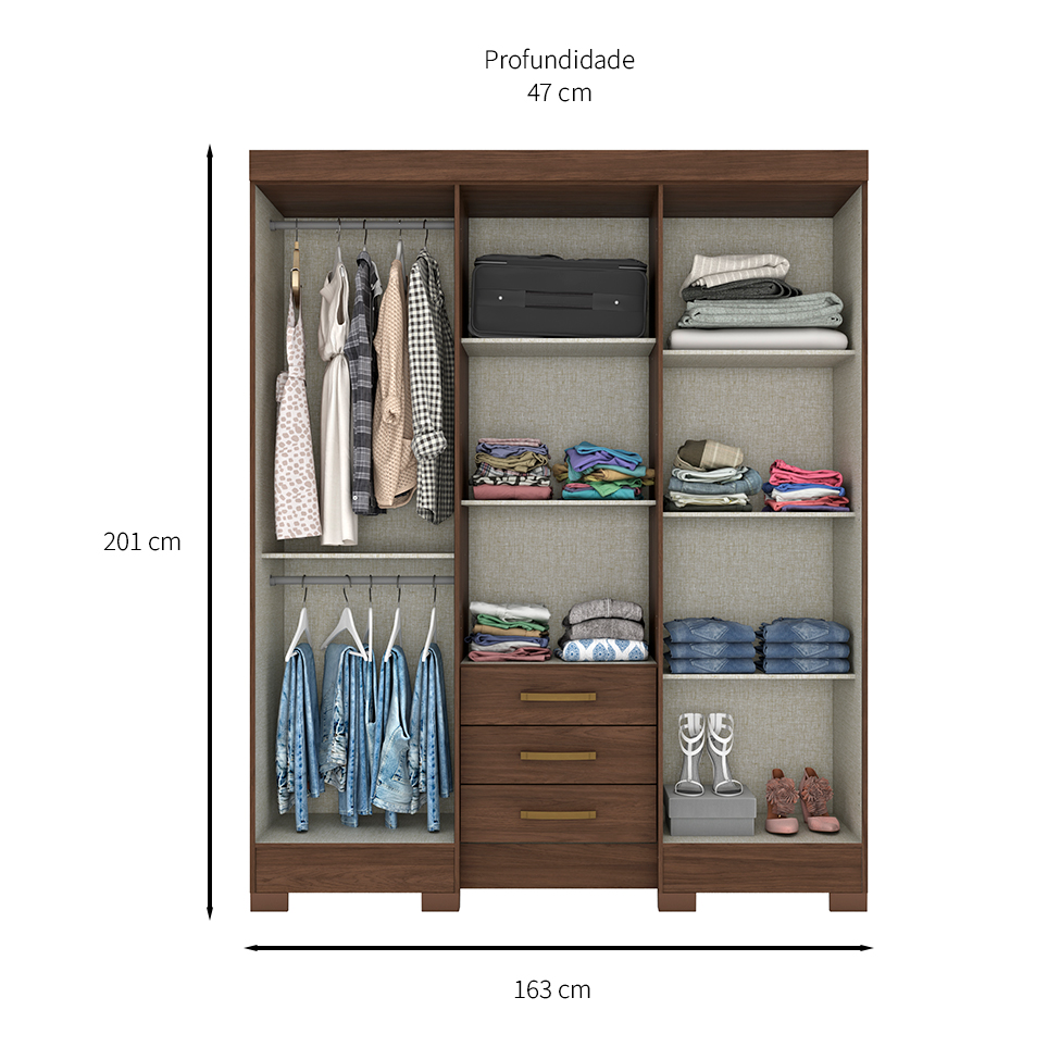 Guarda-Roupa Casal com Espelho Mentor 6 Portas 3 Gavetas Castanho