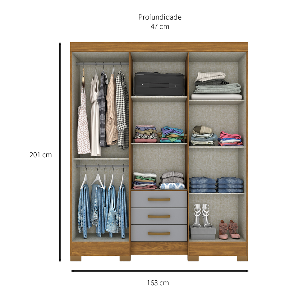 Guarda-Roupa Casal com Espelho Mentor 6 Portas 3 Gavetas Nature e Cinza