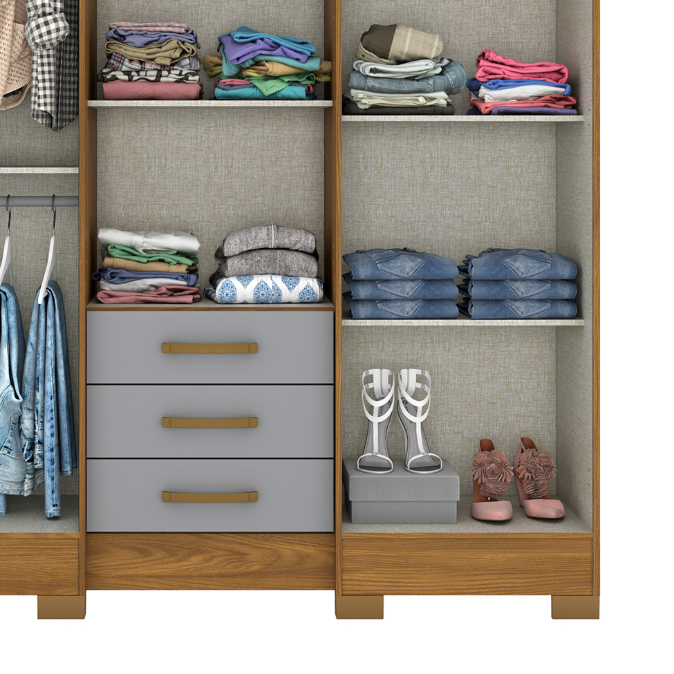 Guarda-Roupa Casal com Espelho Mentor 6 Portas 3 Gavetas Nature e Cinza