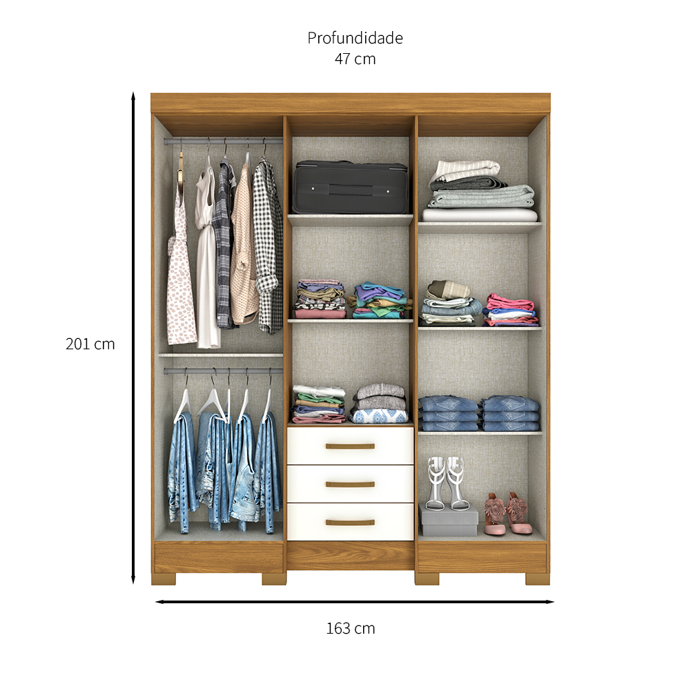 Guarda-Roupa Casal com Espelho Mentor 6 Portas 3 Gavetas Nature e Off White