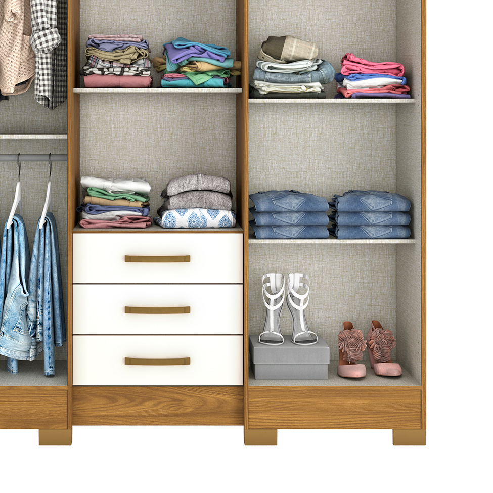 Guarda-Roupa Casal com Espelho Mentor 6 Portas 3 Gavetas Nature e Off White