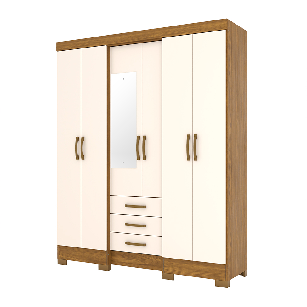 Guarda-Roupa Casal com Espelho Mentor 6 Portas 3 Gavetas Nature e Off White