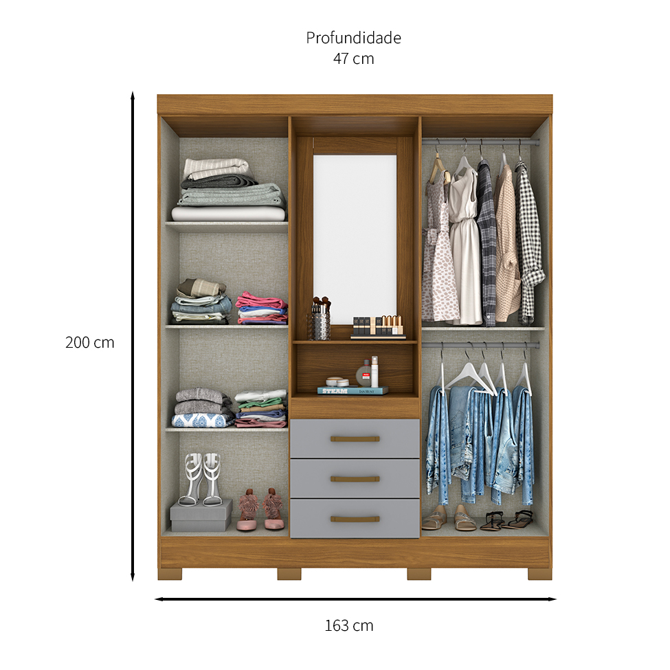 Guarda-Roupa Casal com Espelho Nápole 4 Portas 3 Gavetas Nature e Cinza