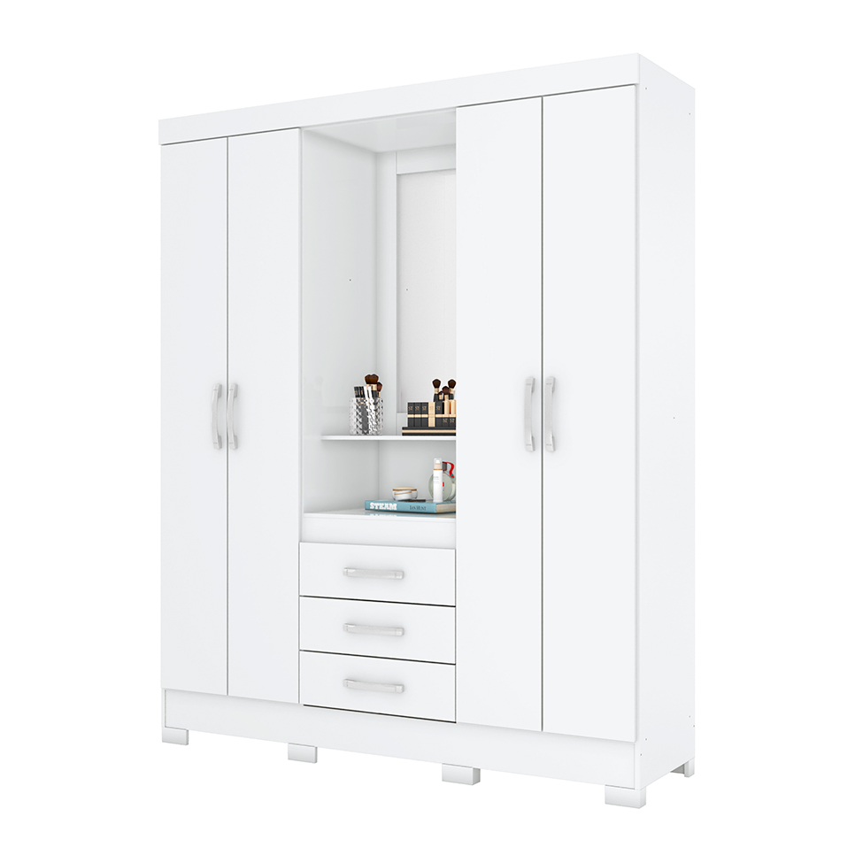 Guarda-Roupa Casal com Espelho Nápole Flex 4 Portas 3 Gavetas Branco e Rosa Chá