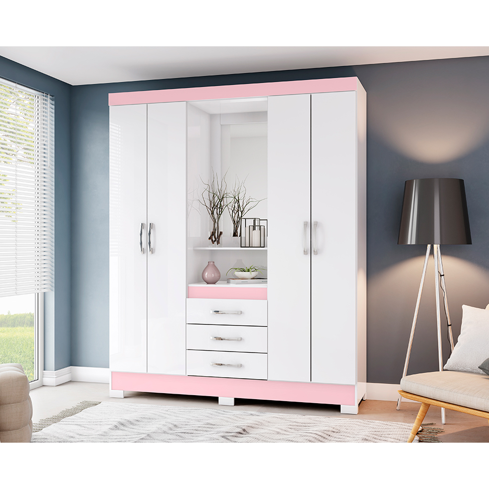 Guarda-Roupa Casal com Espelho Nápole Flex 4 Portas 3 Gavetas Branco e Rosa Chá