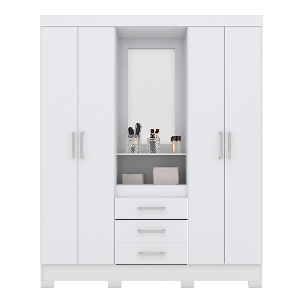 Guarda-Roupa Casal com Espelho Nápole Flex 4 Portas 3 Gavetas Branco e Rosa Chá