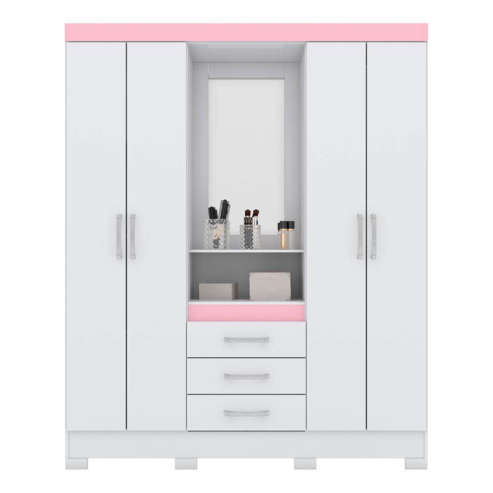 Guarda-Roupa Casal com Espelho Nápole Flex 4 Portas 3 Gavetas Branco e Rosa Chá