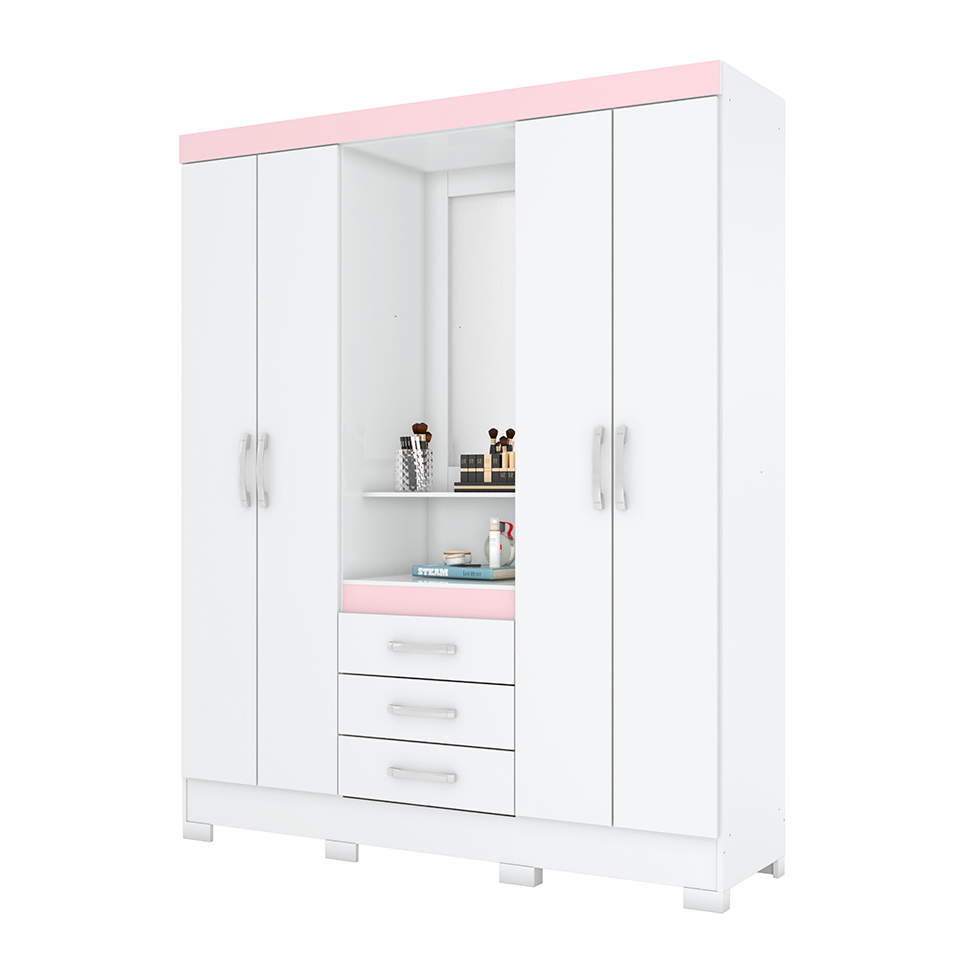 Guarda-Roupa Casal com Espelho Nápole Flex 4 Portas 3 Gavetas Branco e Rosa Chá
