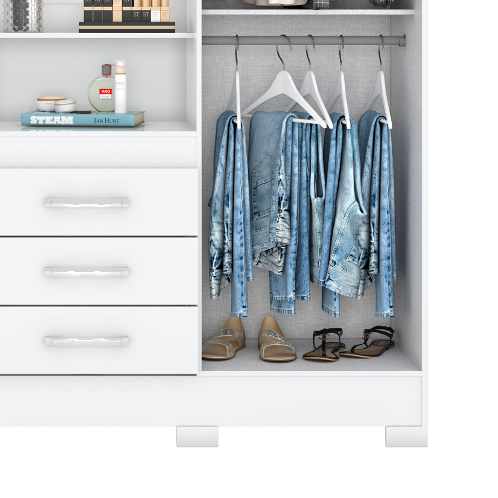Guarda-Roupa Casal com Espelho Nápole Flex 4 Portas 3 Gavetas Branco e Rosa Chá