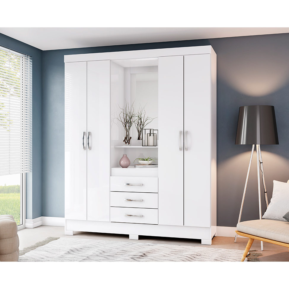 Guarda-Roupa Casal com Espelho Nápole Flex 4 Portas 3 Gavetas Branco e Rosa Chá