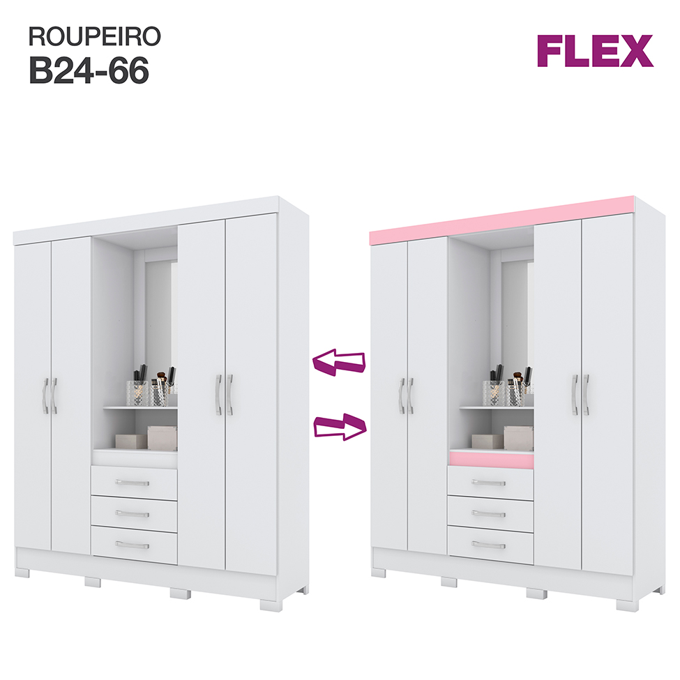 Guarda-Roupa Casal com Espelho Nápole Flex 4 Portas 3 Gavetas Branco e Rosa Chá