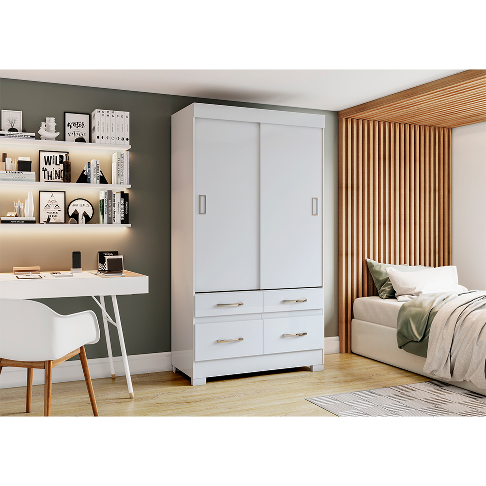 Guarda-Roupa Solteiro Marel Flex 2 Portas 4 Gavetas Branco e Rosa Chá
