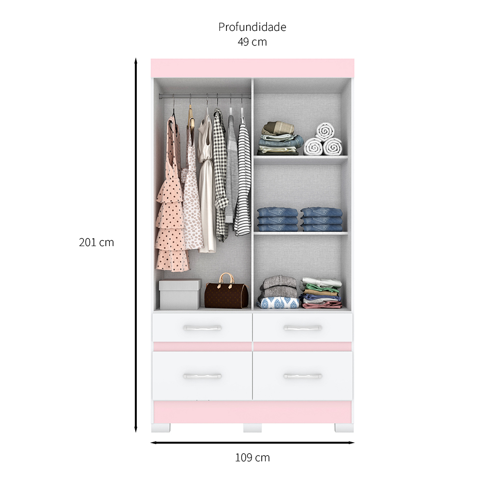 Guarda-Roupa Solteiro Marel Flex 2 Portas 4 Gavetas Branco e Rosa Chá