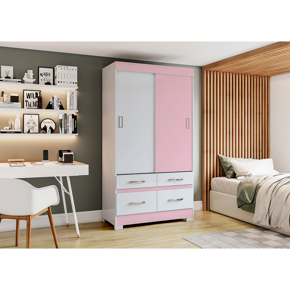 Guarda-Roupa Solteiro Marel Flex 2 Portas 4 Gavetas Branco e Rosa Chá