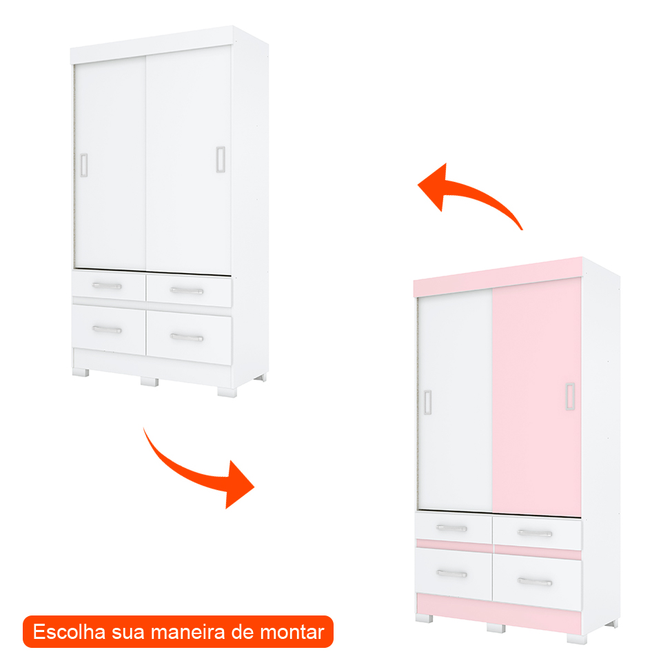Guarda-Roupa Solteiro Marel Flex 2 Portas 4 Gavetas Branco e Rosa Chá