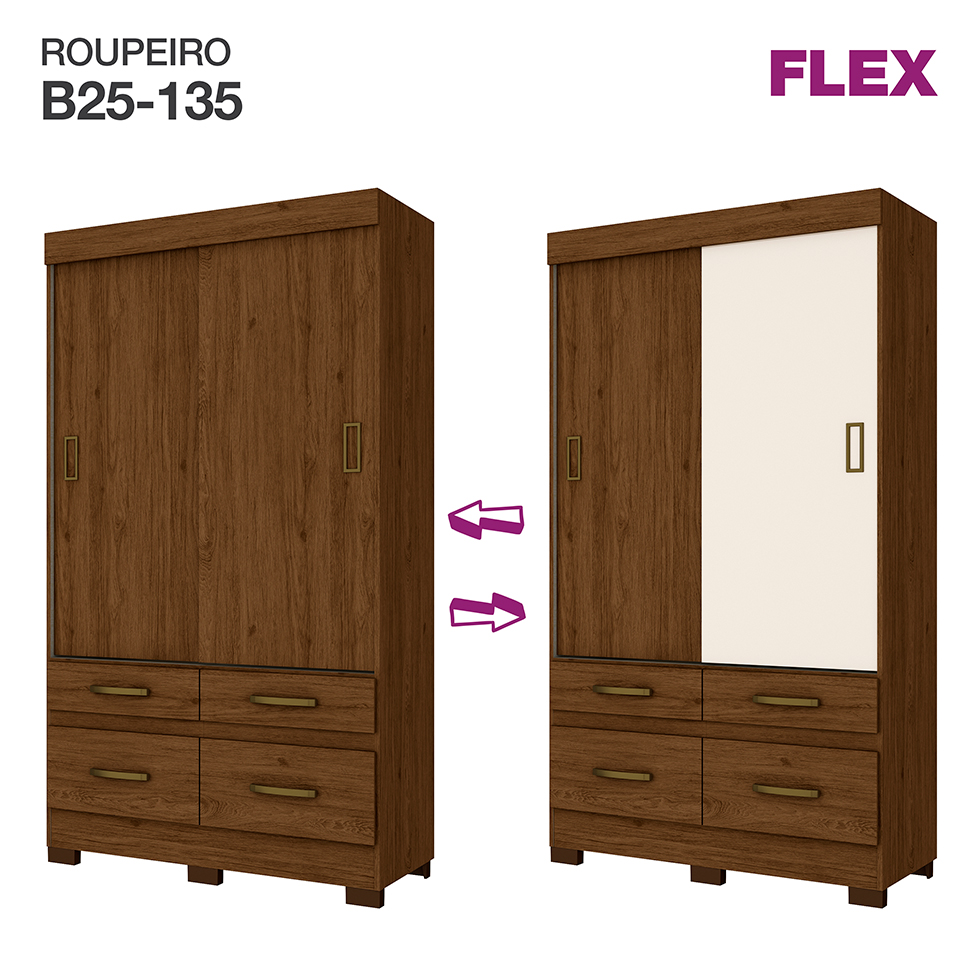 Guarda-Roupa Solteiro Marel Flex 2 Portas 4 Gavetas Carvalho e Off White