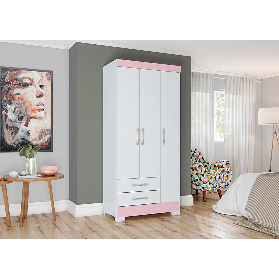 Guarda-Roupa Solteiro Sensi Flex 3 Portas 2 Gavetas Branco e Rosa Chá