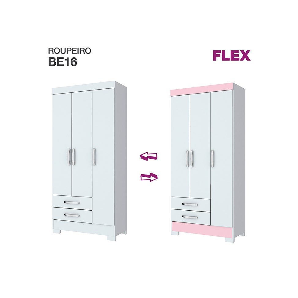 Guarda-Roupa Solteiro Sensi Flex 3 Portas 2 Gavetas Branco e Rosa Chá