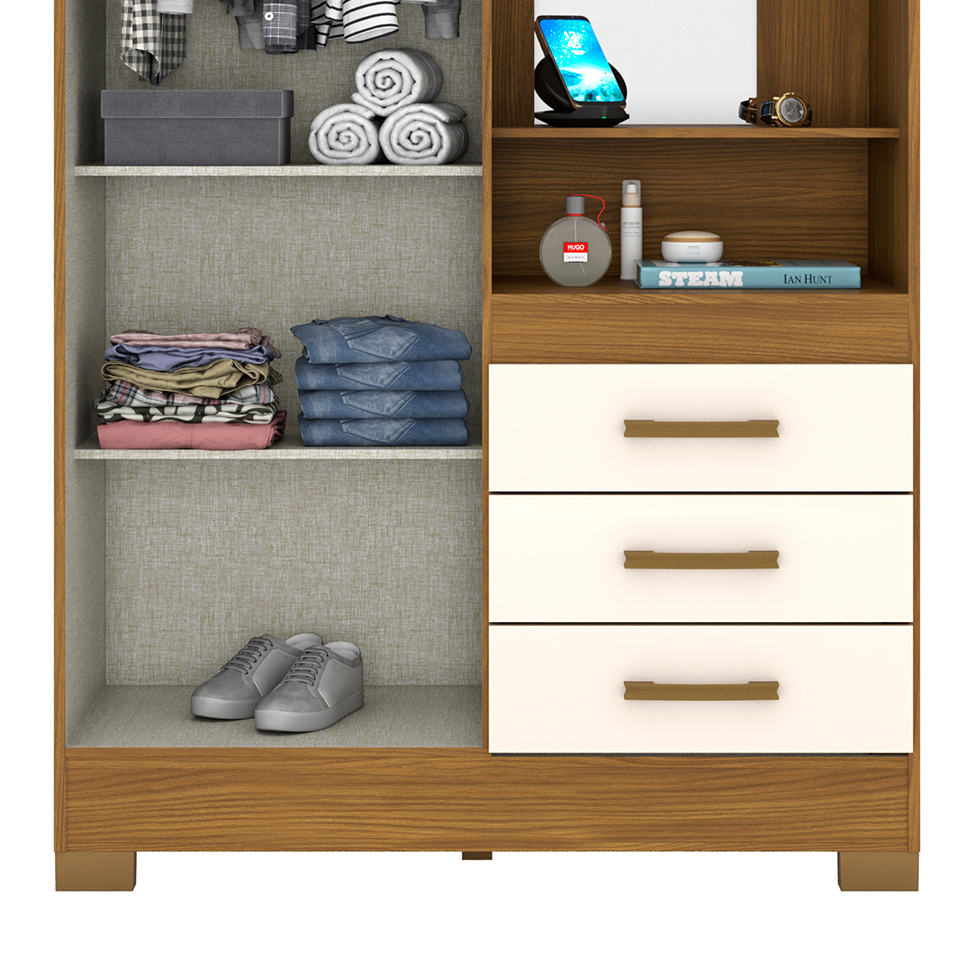 Guarda-Roupa Solteiro com Espelho Pequin 2 Portas 3 Gavetas Nature e Off White