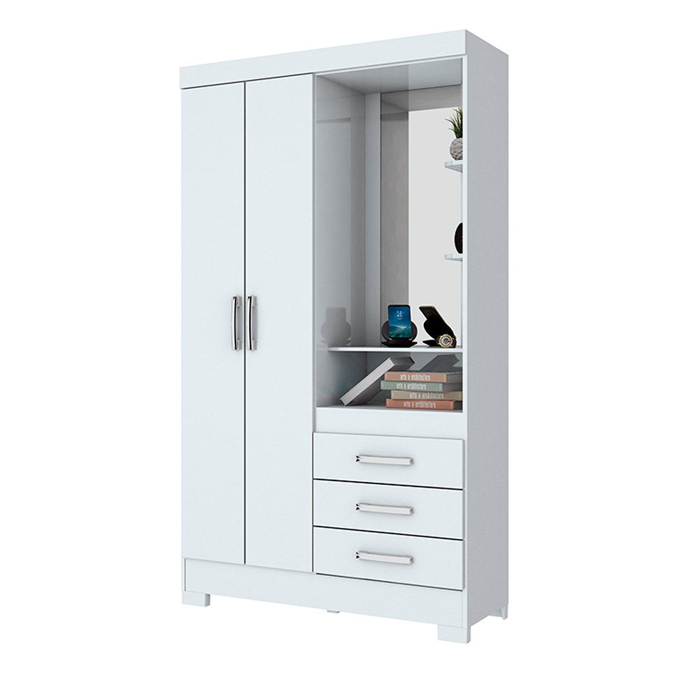 Guarda-Roupa Solteiro com Espelho Pequin Flex 2 Portas 3 Gavetas Branco e Rosa Chá