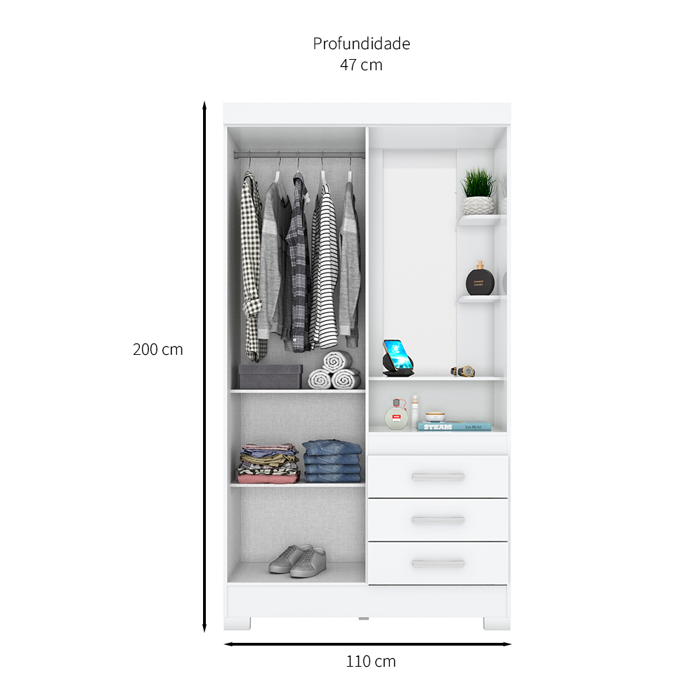 Guarda-Roupa Solteiro com Espelho Pequin Flex 2 Portas 3 Gavetas Branco e Rosa Chá