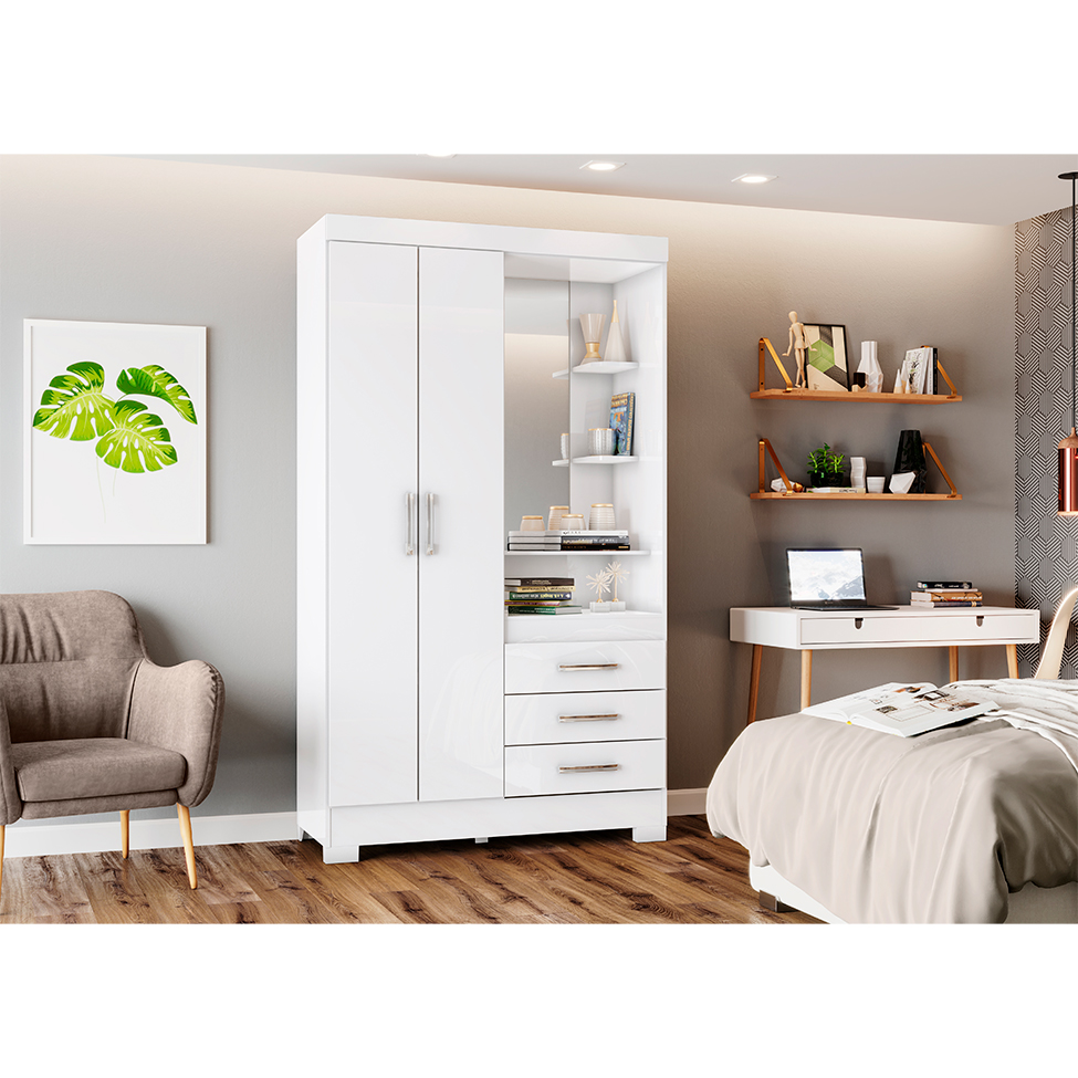 Guarda-Roupa Solteiro com Espelho Pequin Flex 2 Portas 3 Gavetas Branco e Rosa Chá