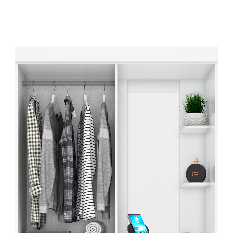 Guarda-Roupa Solteiro com Espelho Pequin Flex 2 Portas 3 Gavetas Branco e Rosa Chá