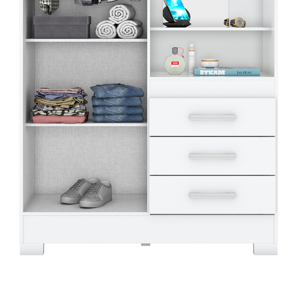 Guarda-Roupa Solteiro com Espelho Pequin Flex 2 Portas 3 Gavetas Branco e Rosa Chá