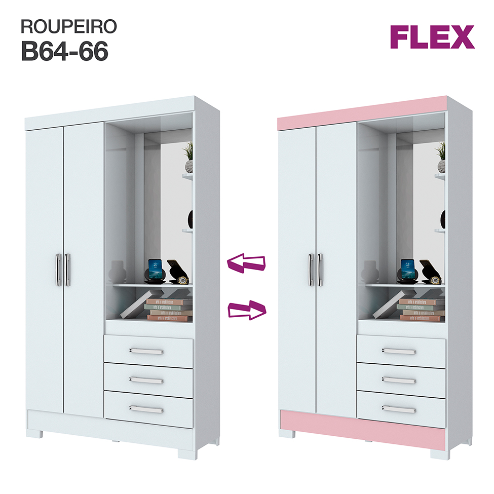 Guarda-Roupa Solteiro com Espelho Pequin Flex 2 Portas 3 Gavetas Branco e Rosa Chá
