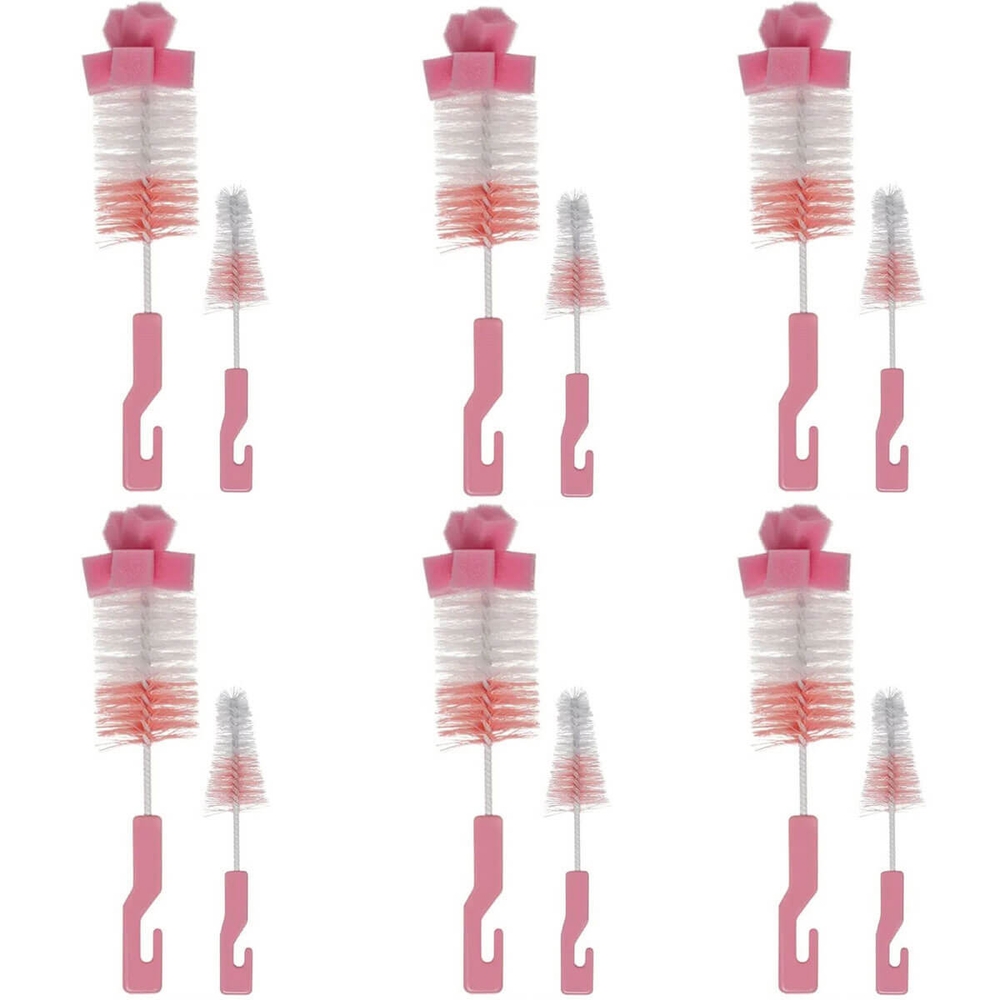 6 Kits de Escovas para Limpeza de Mamadeira e Bico Higienização Esponja Buba Rosa