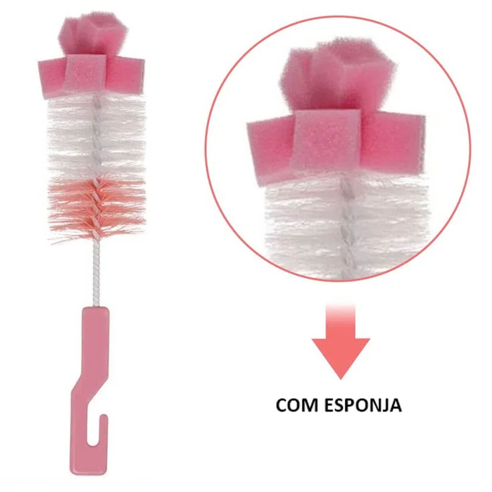 6 Kits de Escovas para Limpeza de Mamadeira e Bico Higienização Esponja Buba Rosa