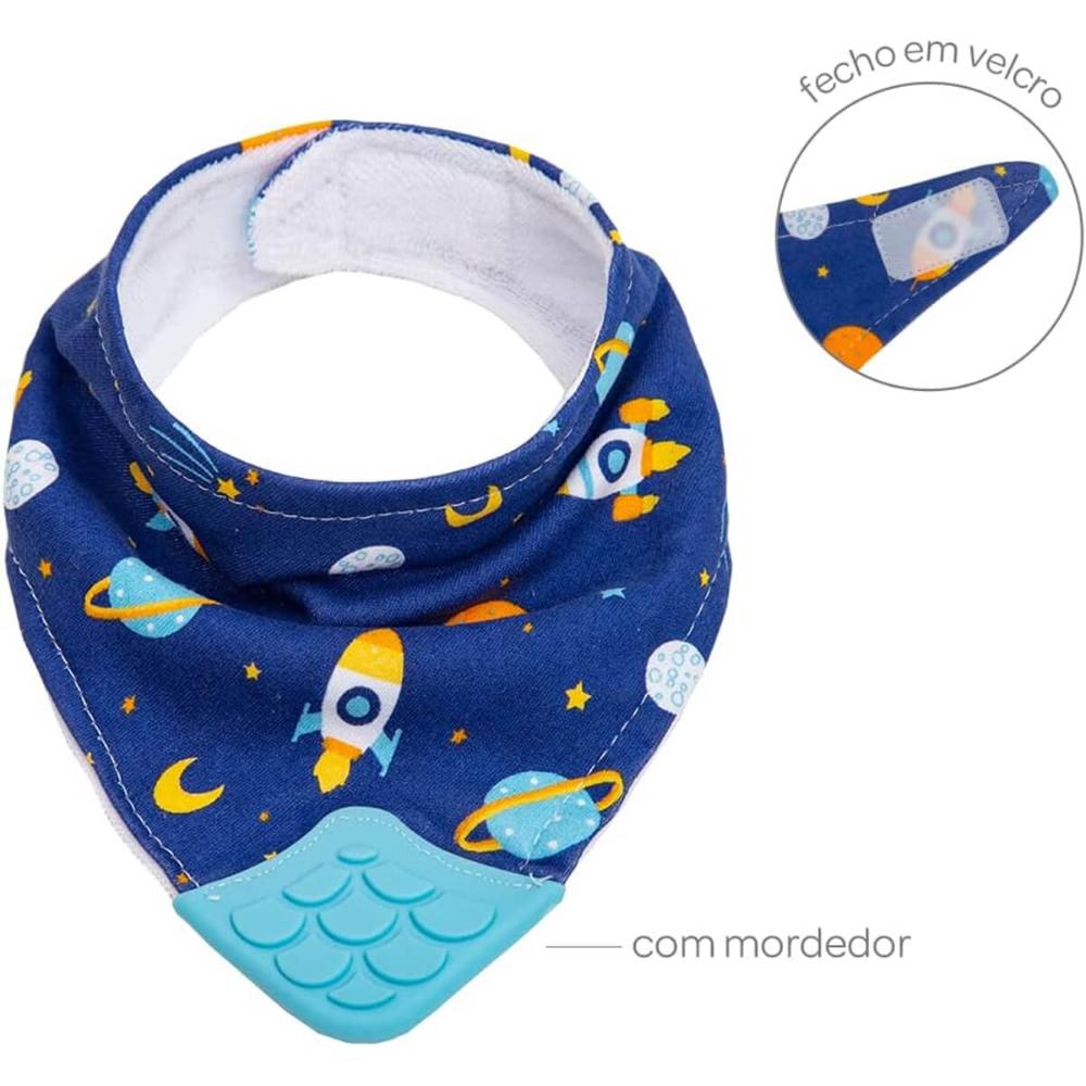 Babador Bandana com Mordedor Buba Espaço +4m Bebê Babeiro Infantil Azul Fecho Ajustável