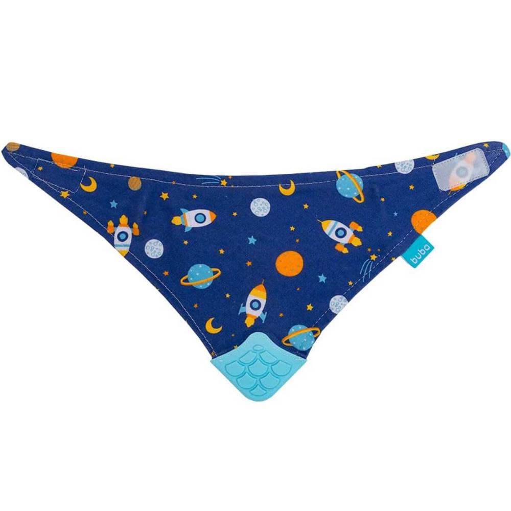 Babador Bandana com Mordedor Buba Espaço +4m Bebê Babeiro Infantil Azul Fecho Ajustável
