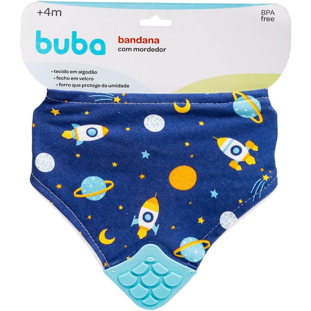 Babador Bandana com Mordedor Buba Espaço +4m Bebê Babeiro Infantil Azul Fecho Ajustável