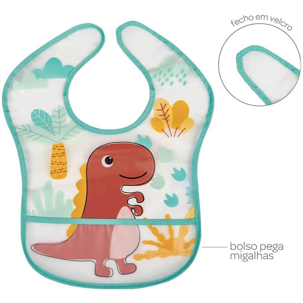 Babador Impermeável com Bolso Cata Migalhas para Bebê Buba Dinossauro Colorido