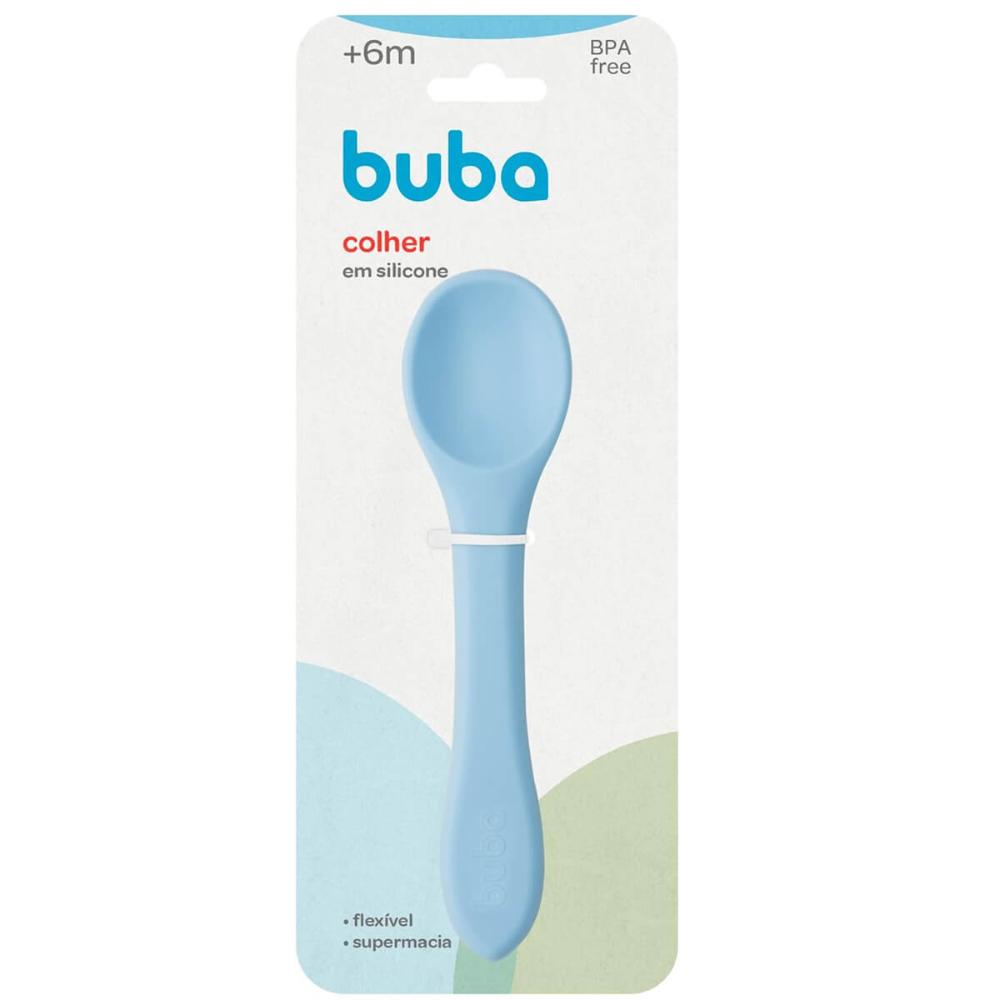 Colher de Silicone para Bebê Buba Azul +6m Introducao Alimentar Flexível