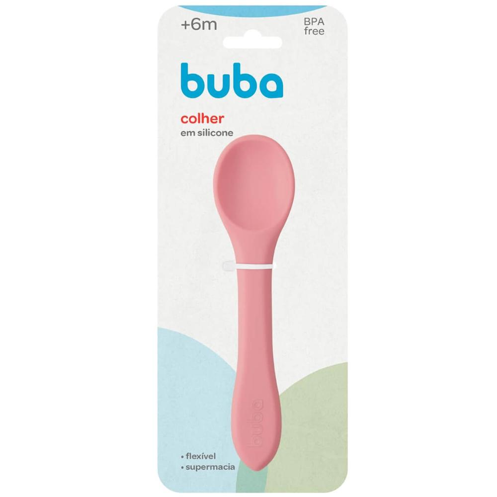 Colher de Silicone para Bebê Buba Rosa +6m Introducao Alimen