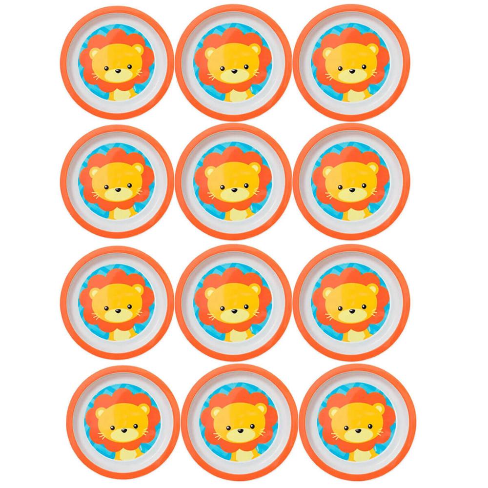 Jogo 12 Pratos Infantil Buba Prato Raso Redondo 21cm para Criança Animal Fun Leão Laranja