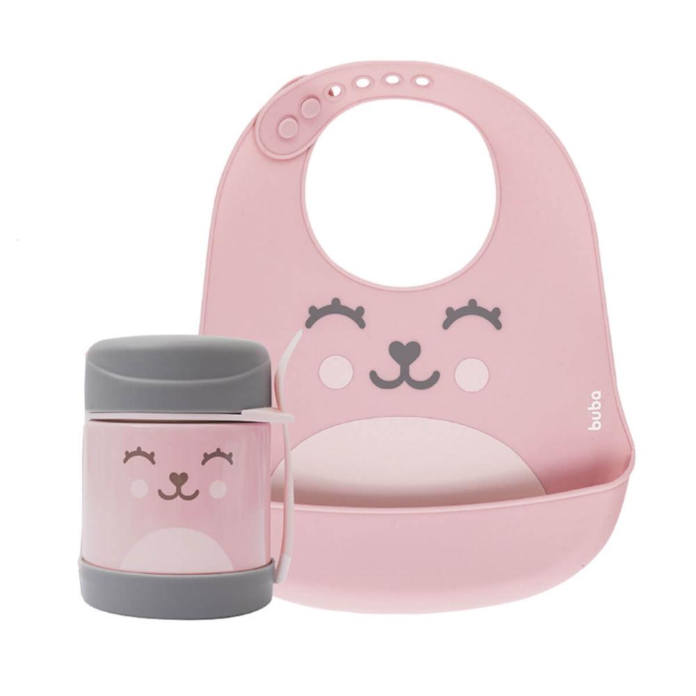 Kit Babador de Silicone Impermeável com Bolso e Pote Térmico com Talher Buba Rosa