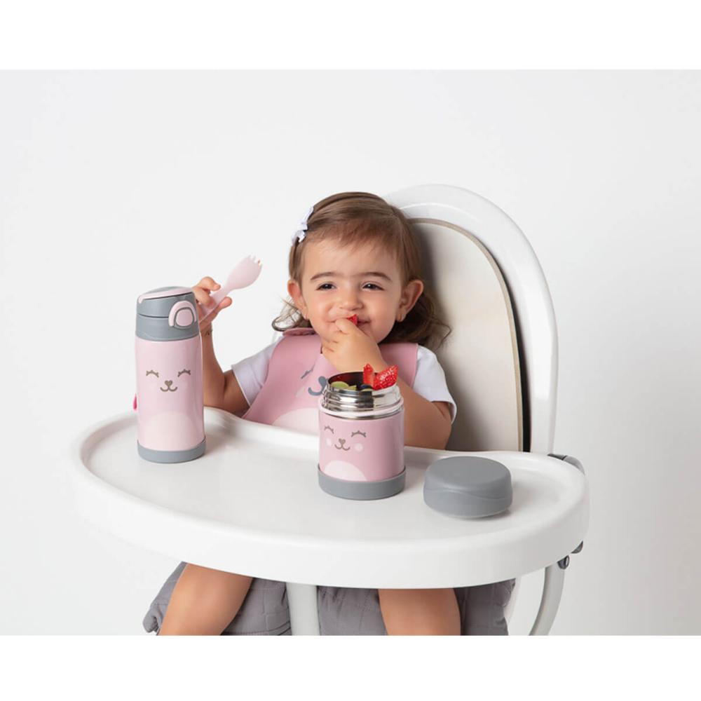 Kit Babador de Silicone Impermeável com Bolso e Pote Térmico com Talher Buba Rosa