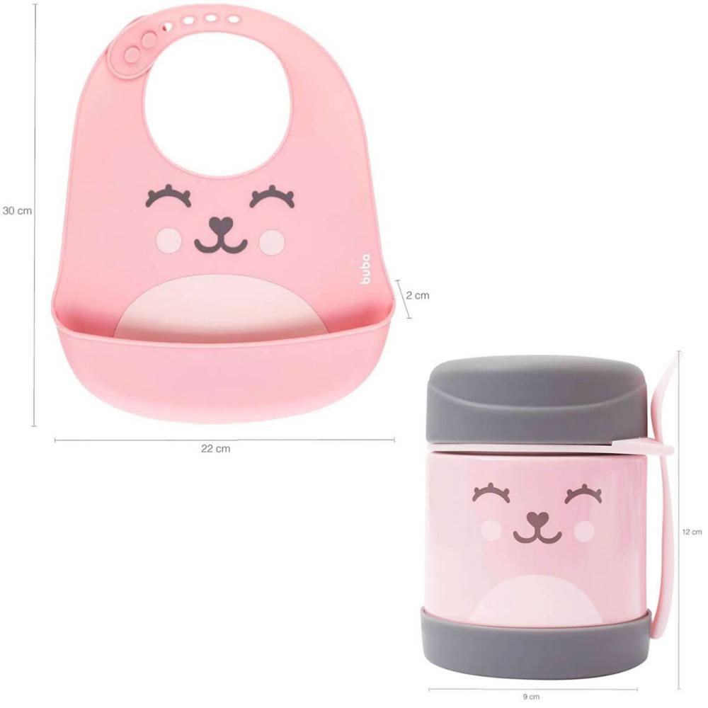 Kit Babador de Silicone Impermeável com Bolso e Pote Térmico com Talher Buba Rosa